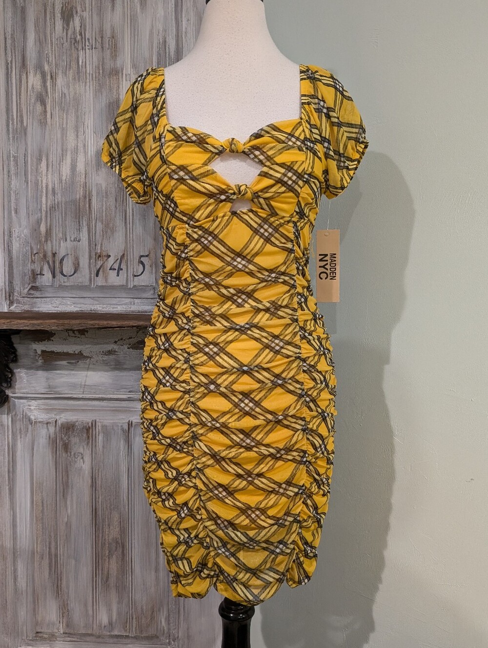 NWT Madden NYC Yellow Plaid Ruched Cutout Dress